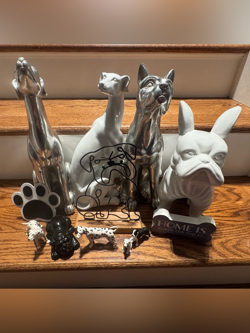 Dog figurines, wooden paw print & Home Is Where the Dog Is home decor
